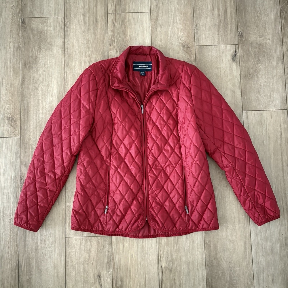 Lands‎ End Quilted Jacket Red Full Zip Stand Collar Light Winter Coat Women XL T